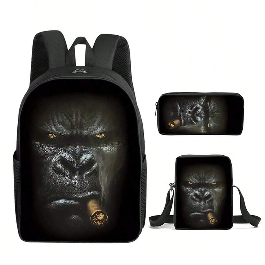 Animal Pattern Printed Backpack Three Pieces Set (Single-Layer Backpack + Shoulder Strap Lunch Bag + Single-Layer Pencil Bag)