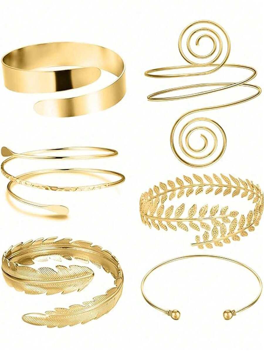 6 Pieces Arm Cuff Upper Arm Band Cuff Bracelet Bangle For Women Silver Gold Adjustable Armband Set