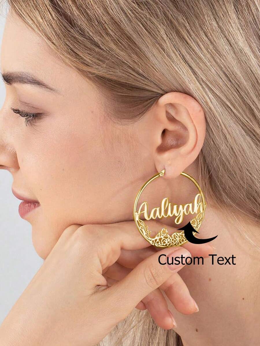 Brincos de argola com nome de flor de nascimento personalizada de 70 mm, joia de aço inoxidável personalizada para presente, alta qualidade