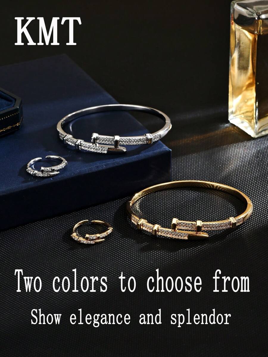 KMT 2 Stück kupferplattiertes Zirkonia Nagel-förmiges Armband + Ring Mode Schmuck Set, luxuriöses Unisex-Accessoire