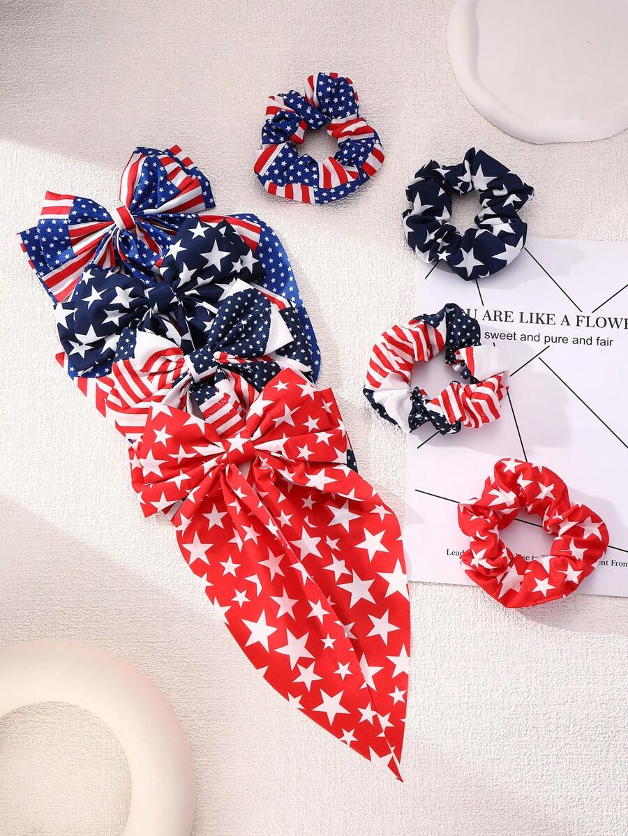 8 pièces Accessoires de cheveux pour la Fête de l'Indépendance - Pinces à cheveux et chouchous dans les couleurs rouge, blanc et bleu avec motif d'étoile. Pinces à cheveux et chouchous pour femmes, élastiques, accessoires de cheveux.