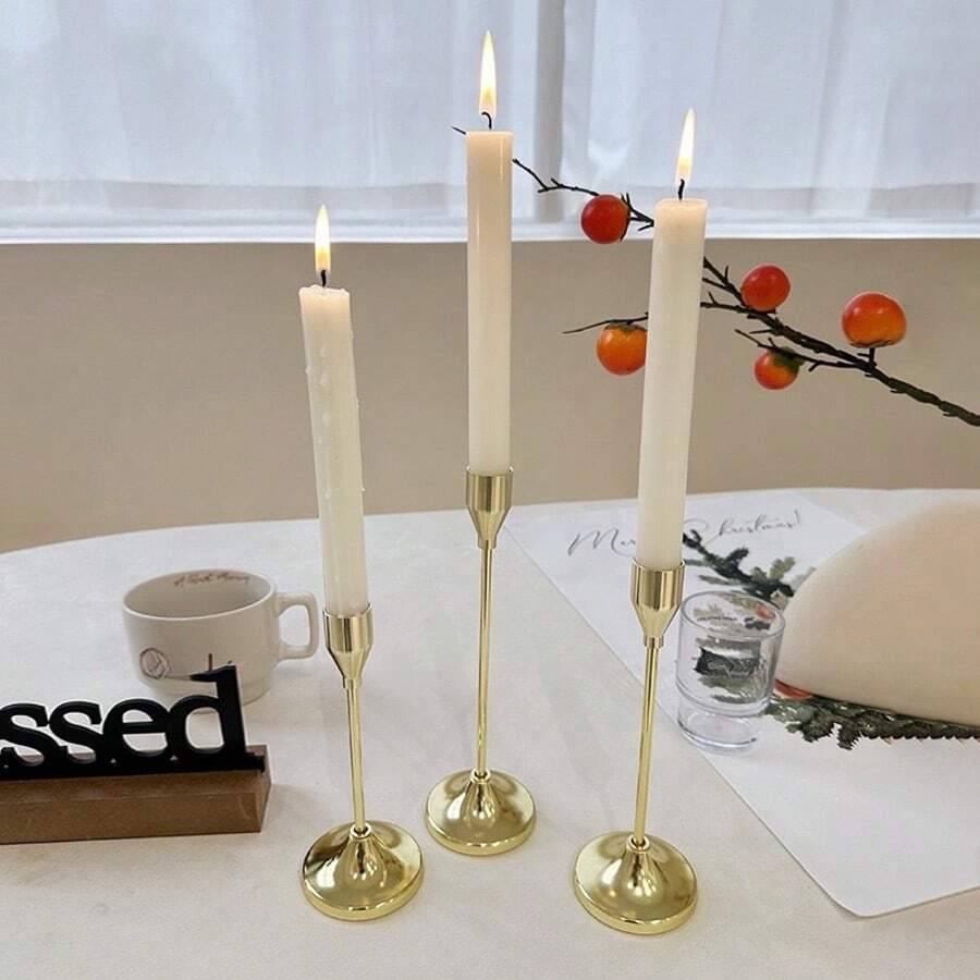 3pcs/Set Brass Gold Taper Candlesticks, Vintage Candle Holders, Metal Candle Stands For Home Decor, Dining Table & Fireplace Centerpiece, Perfect For Christmas, Thanksgiving (Candles Not Included)