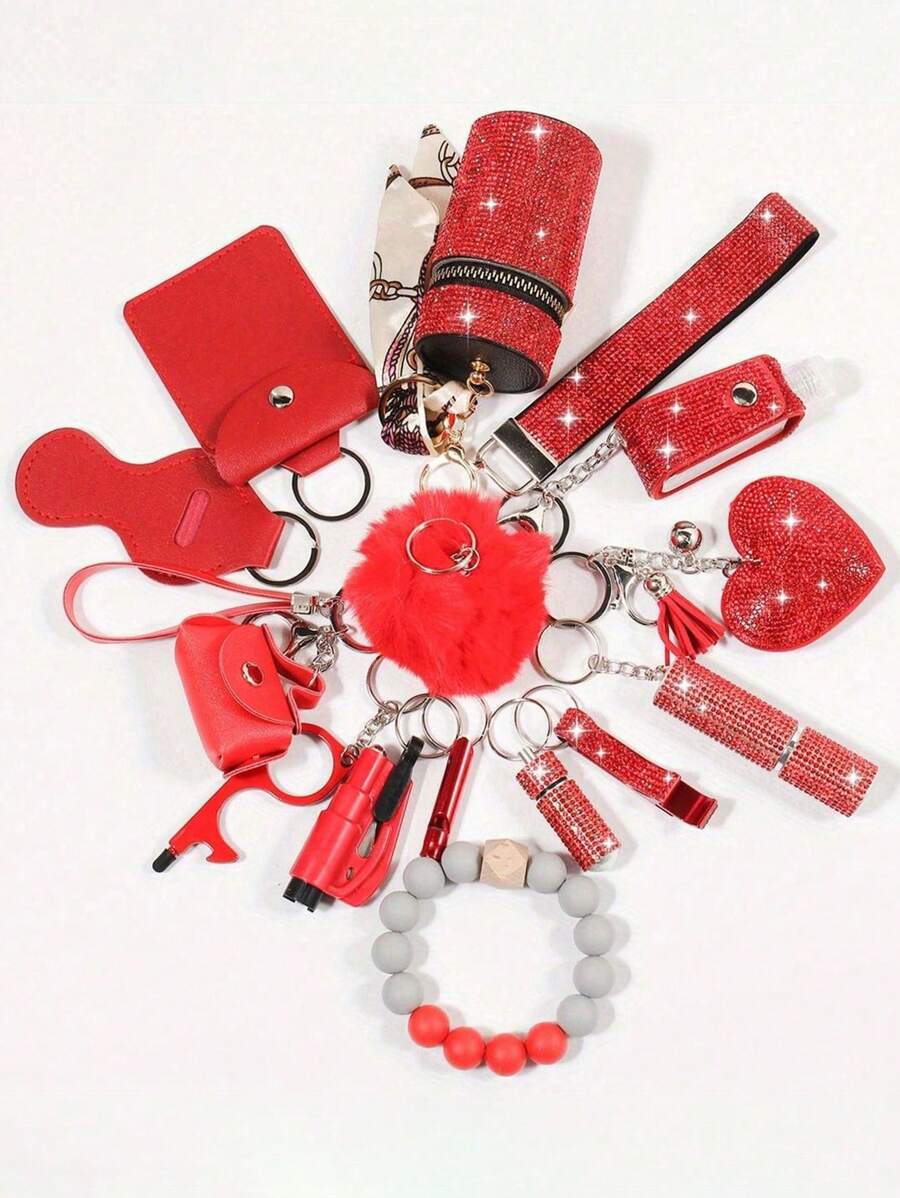 1 set de 15 pièces Porte-clés à strass pour femme - Porte-clés avec sangle de poignet, sac de rangement et accessoires de porte-carte à pompon. Kit d'accessoires de sac, de voiture