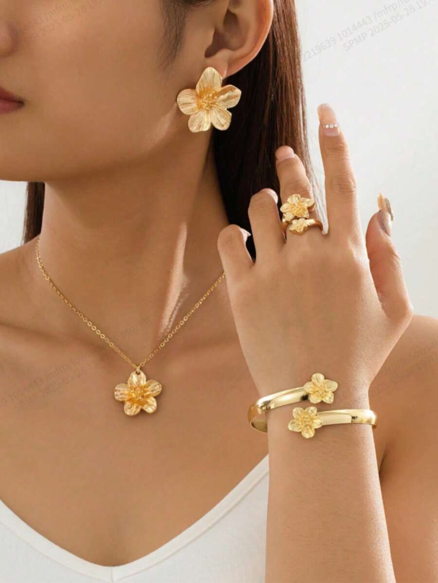 1 Conjunto Pulseira Floral Dourada de Luxo para Mulher, 1 Anel, 1 Colar, 1 Par de Brincos, Conjunto de Joias Estilo de Férias, Presente para Ela, Casais