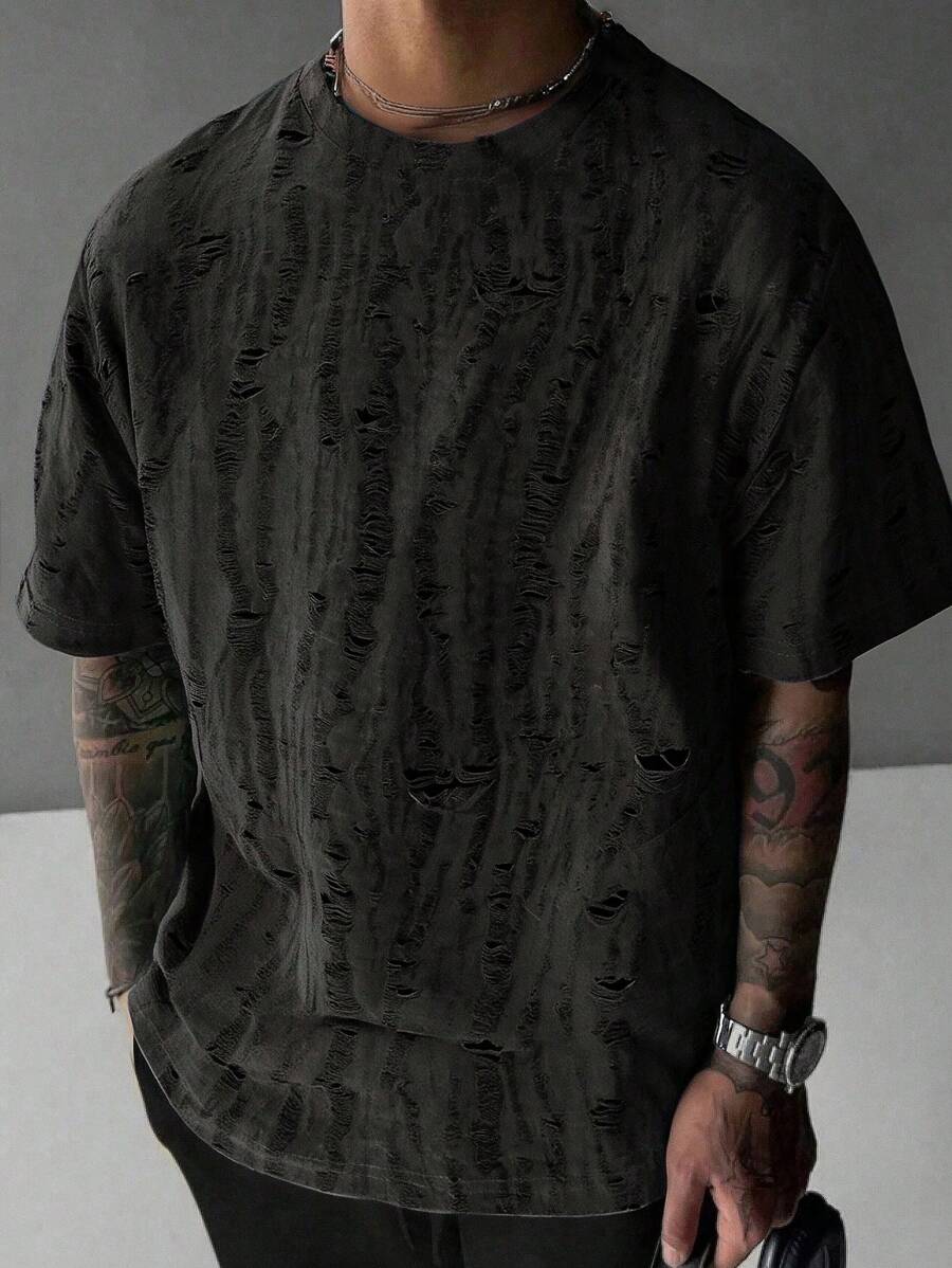 Men Summer Distressed Style Fashionable Casual Versatile Short Sleeve T-Shirt