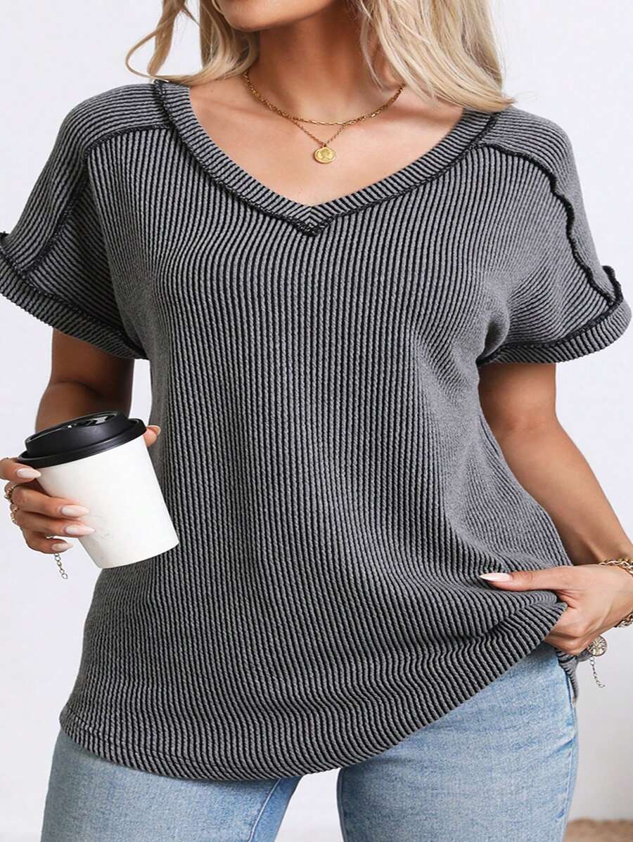 Plus Size Women's Summer Tops V Neck T-Shirt Ribbed Cap Short Sleeve Casual Blouse