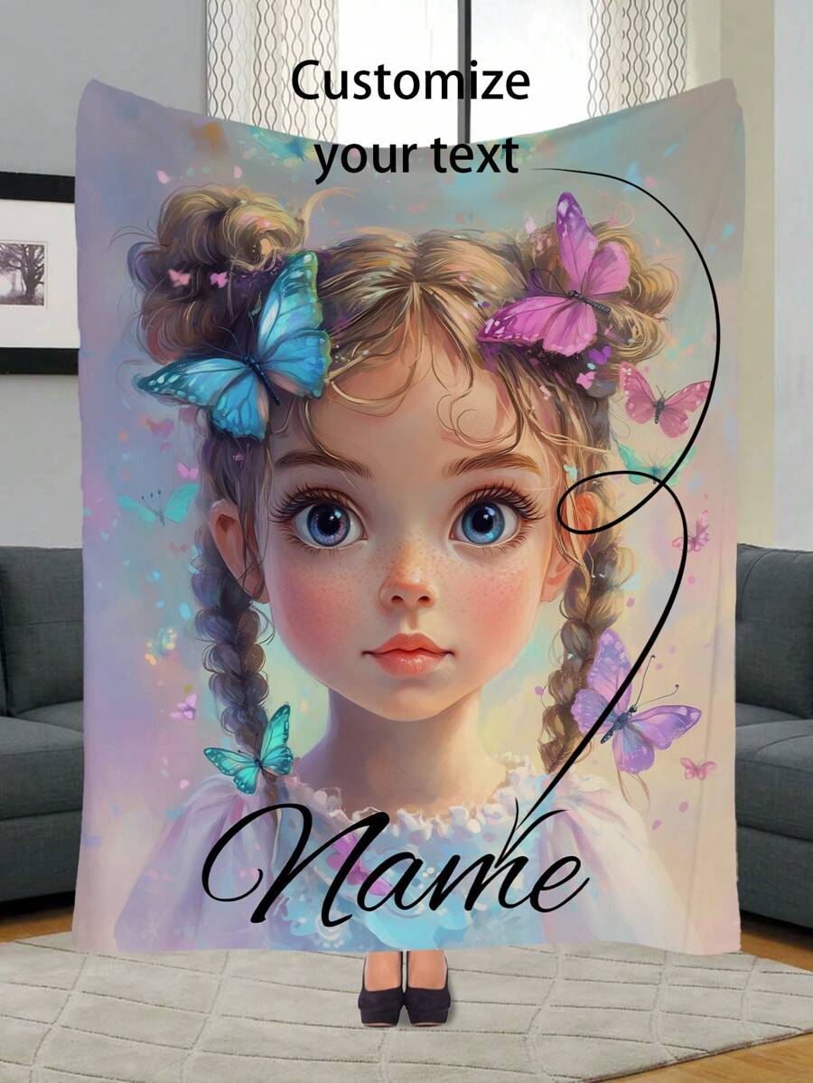 1 pieza Manta de sofá con temática de niña mariposa personalizada, admite texto personalizado, decoración de hogar romántica y soñadora, manta apta para cumpleaños, Día del Padre, graduación, boda, Navidad, sofá, cama, coche, dormitorio, sala de estar, regalo único y personalizado
