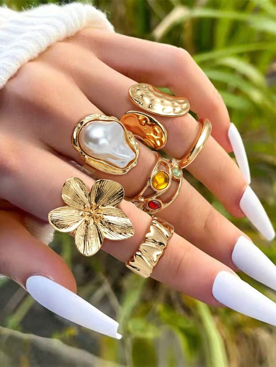 6 Stücke vintage elegant modische antike Geld-Stil französisch Barock Künstliche Perle Blumen Metall Lava Hohlkanal Eingelegt bunte Edelstein Ring Set, vielseitige hochwertige Stapel Party Hochzeit Dates Geschenk für Frauen Strand Urlaub Sommer