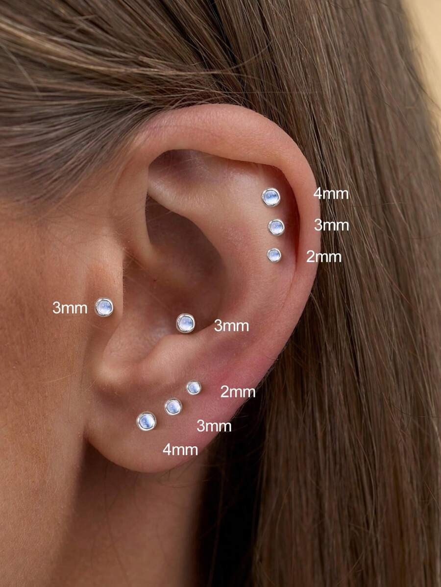 Brincos de piercing labret de pedra da lua, 1 peça, prata esterlina 925, moderno, rosqueado de 2/3/4 mm, parte traseira plana, cartilagem, tragus, hélice, joia fina para uso diário, festa de casamento, noivado, aniversário, dia dos namorados