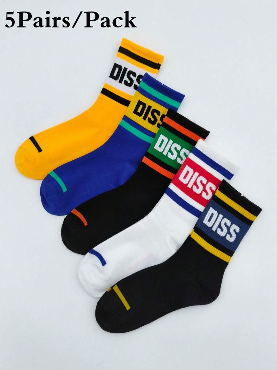 5 Pairs Men's Sports Socks, Korean Style Striped & Letter Print Street Couple Mid-Calf Long Socks