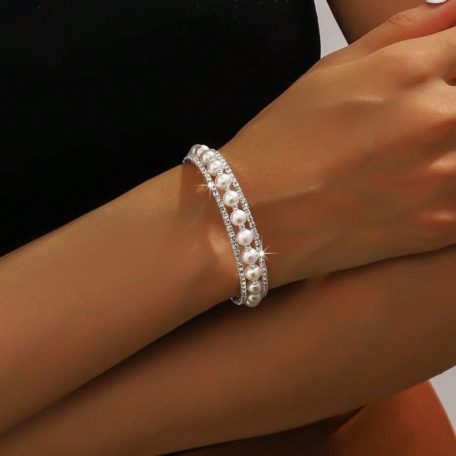 1 pulseira elegante com pérolas artificiais e strass brilhantes, adequada para festas femininas e uso diário
