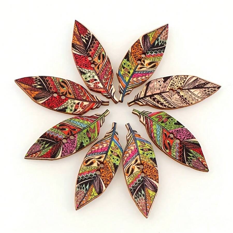 30pcs Mixed Colors Leaves/Feather Buttons Painting Wooden Buttons DIY Wooden Buttons For Crafts Decorative Buttons Buttons For Clothing Sewing Scrapbooking Accessories.(Size: 1.5cm*4.2cm/0.59inch*1.65inch)