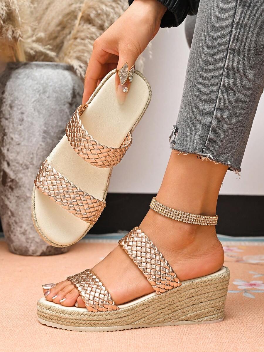 Women's Thick-Soled Straw Rope Summer Beach Holiday Slip-On Wedge Sandals, Stylish And Fashion