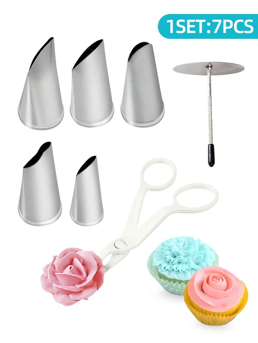 2/7-teiliges Kuchen Dekorationsset - Rose Spritzdüsen, Spritznagel, Spritzbogen, Kuchen Spritztüllen, Cupcake Förmchen, Backform, Backutensilien, Kuchendekorationstools, Butterkekse, Küchenhelfer