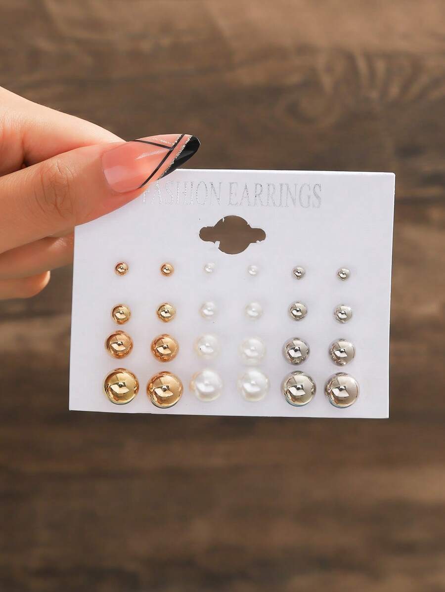 12 paires de boucles d'oreilles fantaisie à perles, couleurs or, argent, blanc, noir