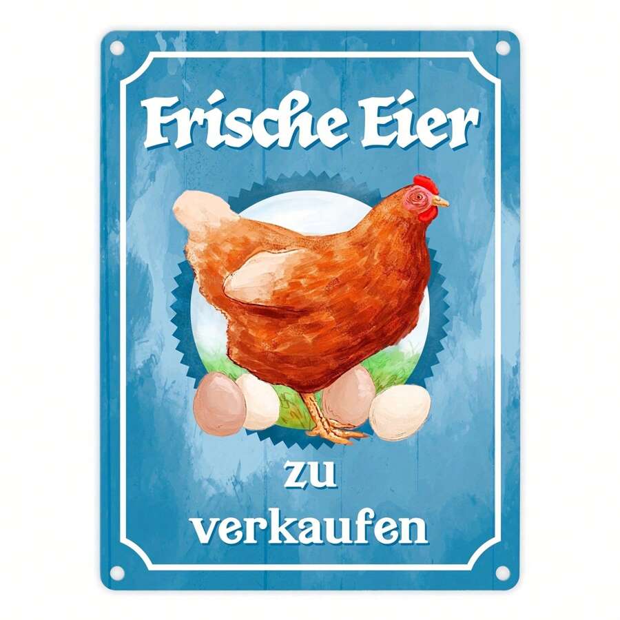 Glückliche Hühner Frische Eier - 6X8" Metallschild, Aluminiumschild auf Deutsch, perfekt für Zuhause, Büro, Café & Restaurant Dekoration, einfache Wandmontage