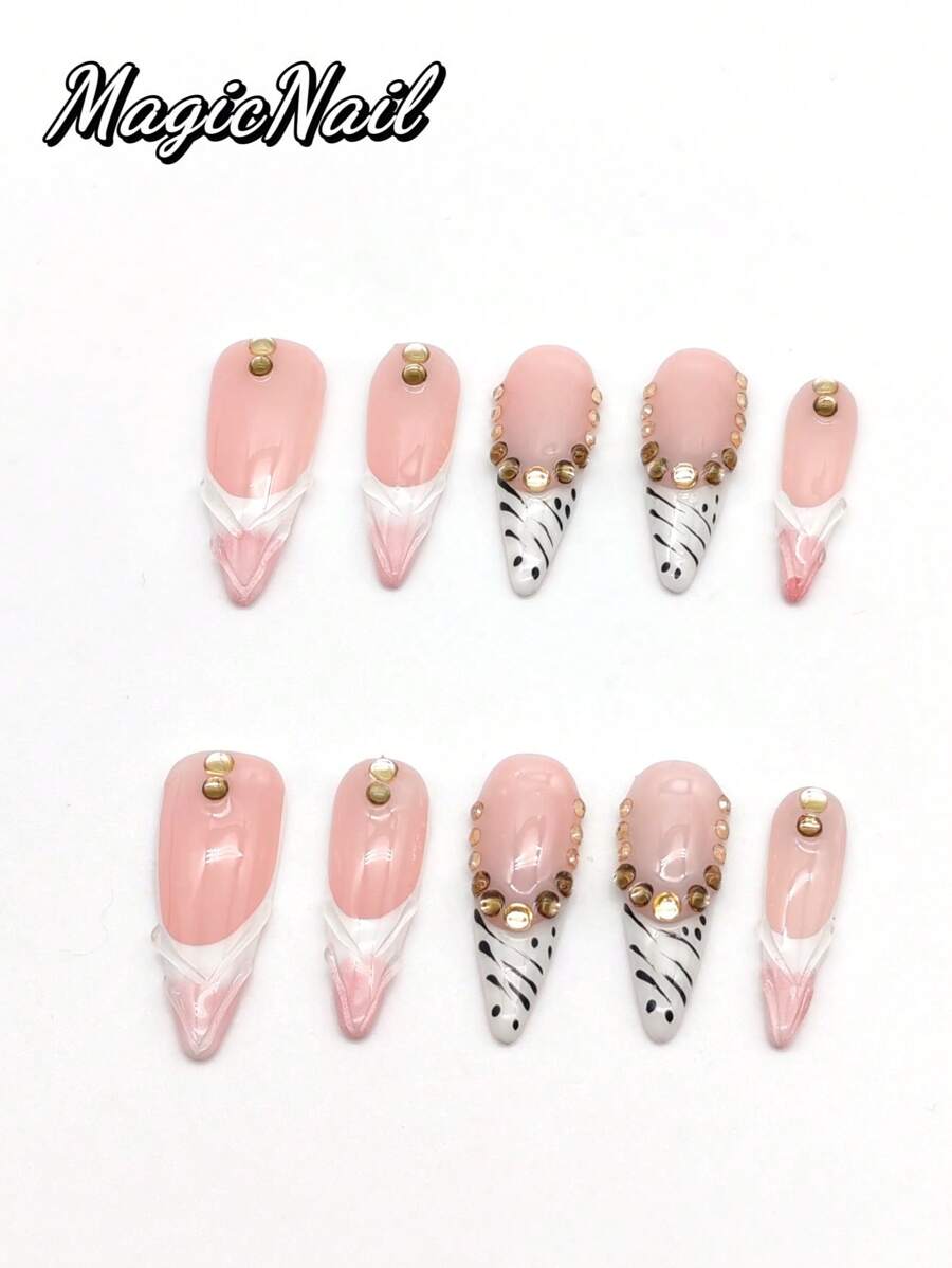 10 Pieces Of Pure Hand-Pressed Wearable Nail, Press On Nails,Nail Supplies,Nails Ptess On,Beach Essentials,33mm Long Nail Pieces, Pink And White Contrasting Colors, Hand-Painted Black Striped Decoration, Yellow Rhinestones Forming Arc Decoration, Convex Lines Are Threaded. Spring And Summer Style, Cute Nail Film. It Is Suitable For Daily Leisure And Vacation.