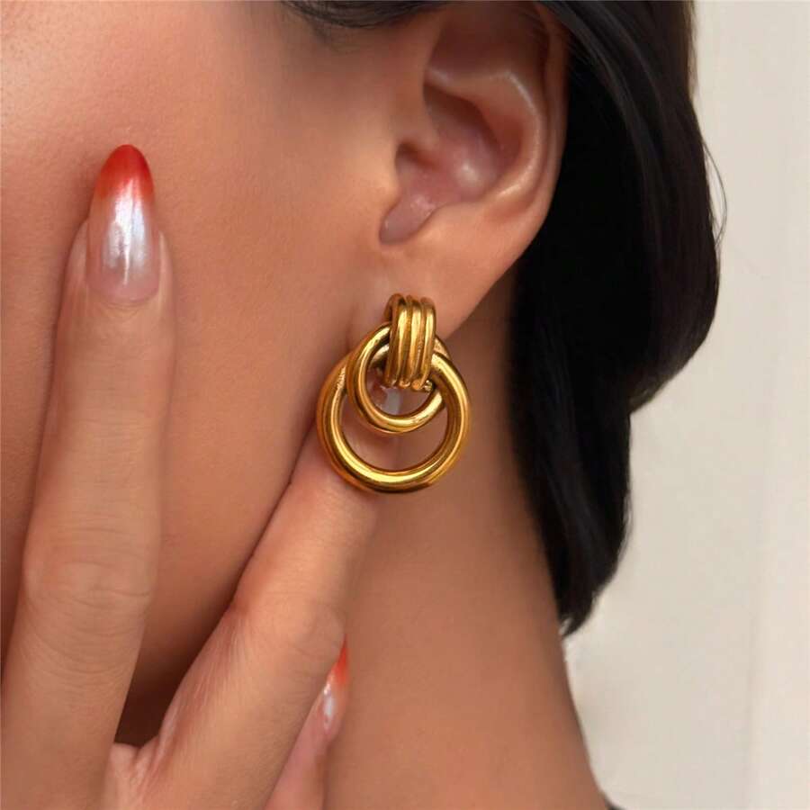 VKHK 1 paire de boucles d'oreilles clous circulaires multicouches en acier inoxydable plaqué or 18 carats, convenant pour le port quotidien et les mariages pour femmes, en cadeau