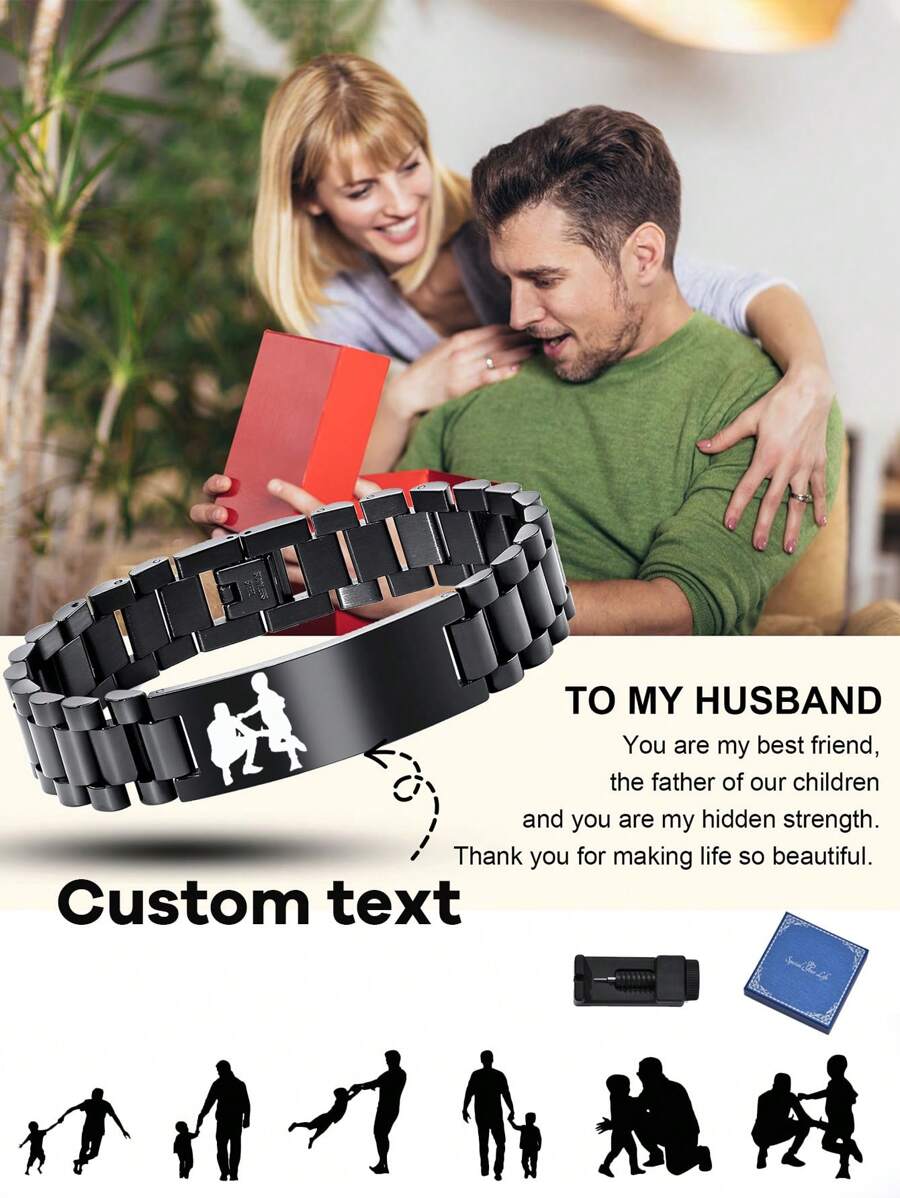 1 pièce Bracelet chaîne de bande de montre en acier inoxydable, cadeau de bijoux personnalisé pour homme, père, mari, petit ami, fête des pères, anniversaire, anniversaire, grand-père, fils, longueur réglable