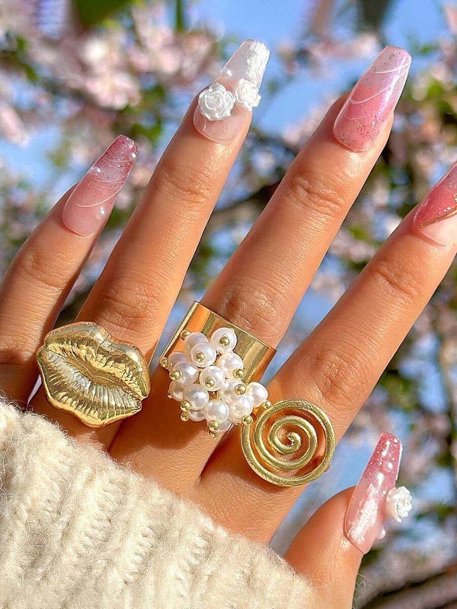 3 stuks vintage spiraalvormige metalen ringen, overdreven lip- en imitatieparelringset, damessieraden voor feesten en cadeaus
