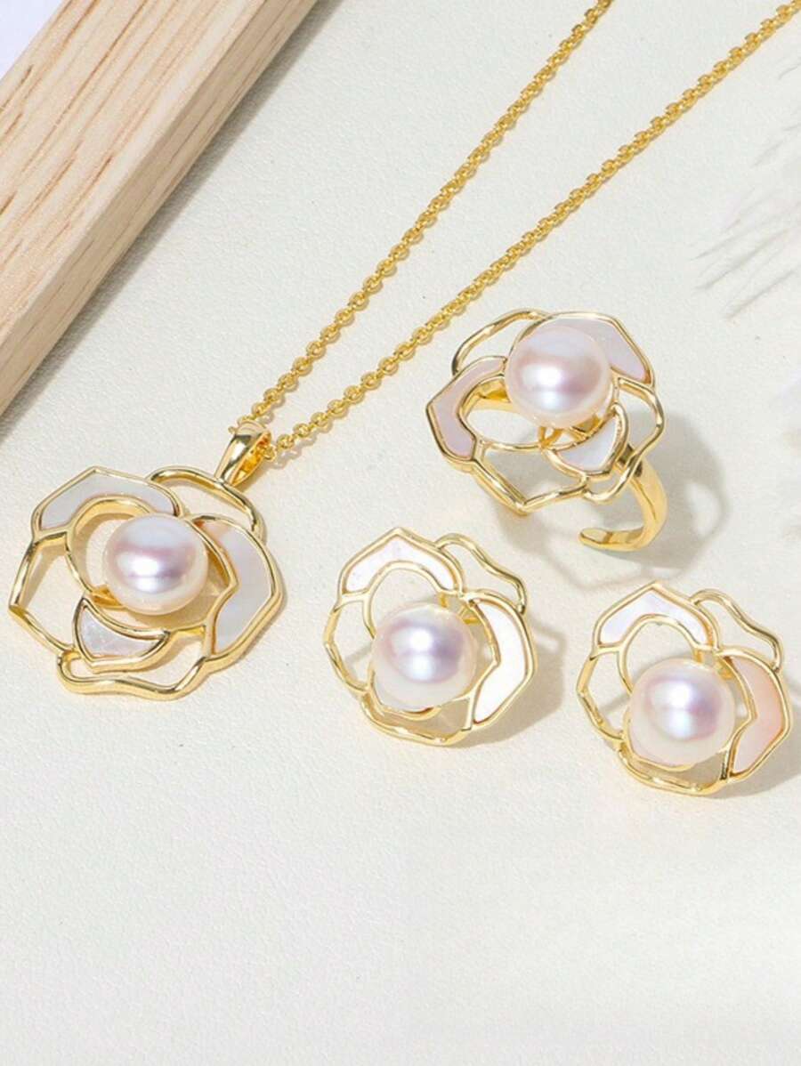 Set di 3 pezzi composto da orecchini, collana e choker eleganti da ragazza, decorati con fiori di camelia e perle, un regalo delicato