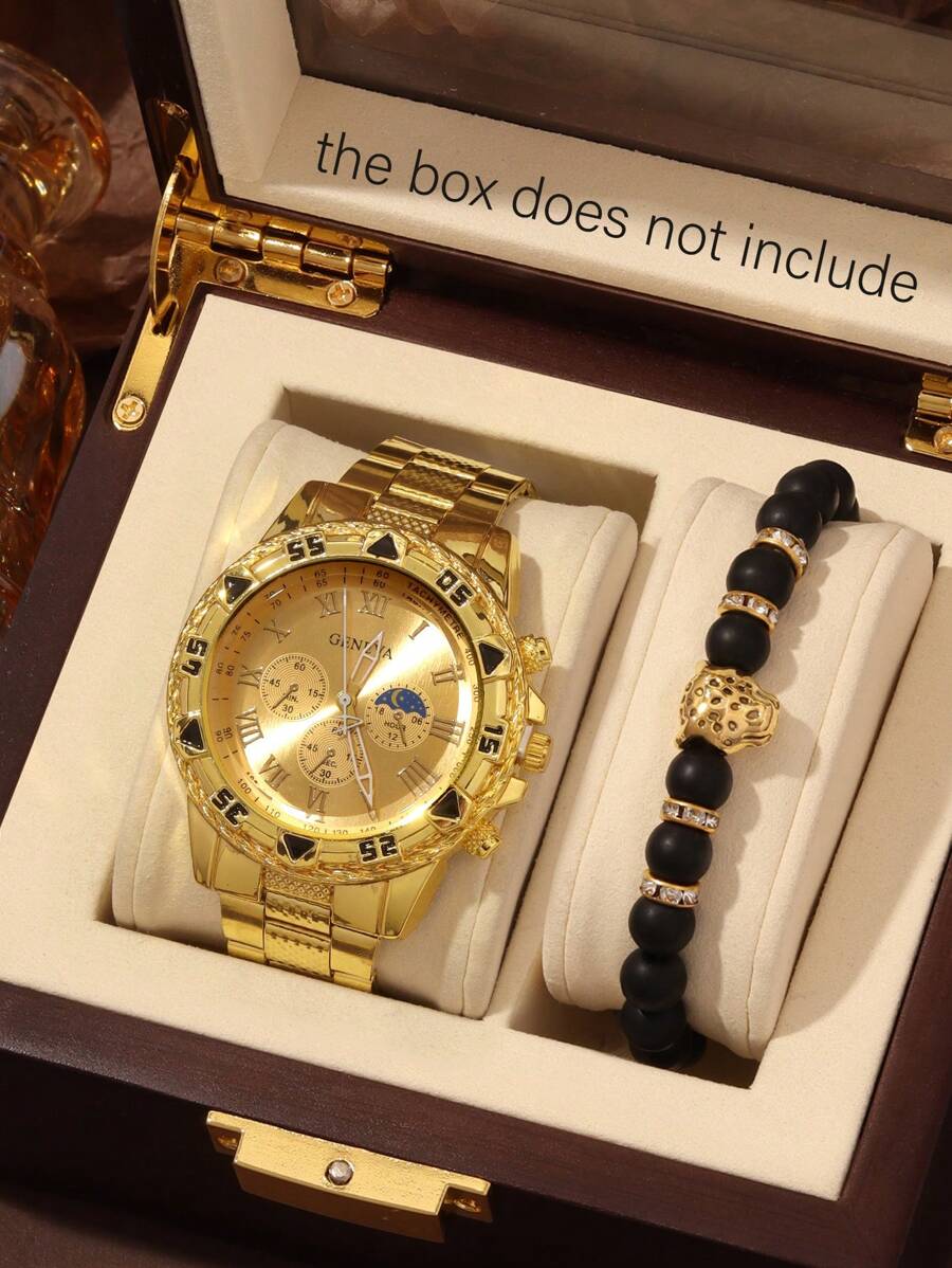2 pièces Montre homme de mode personnalisée, montre à quartz polyvalente avec grand cadran rond en alliage d'acier, assortie à un bracelet de perles léopard. Convient pour les festivals, les fêtes et le port quotidien, le meilleur cadeau pour les hommes.