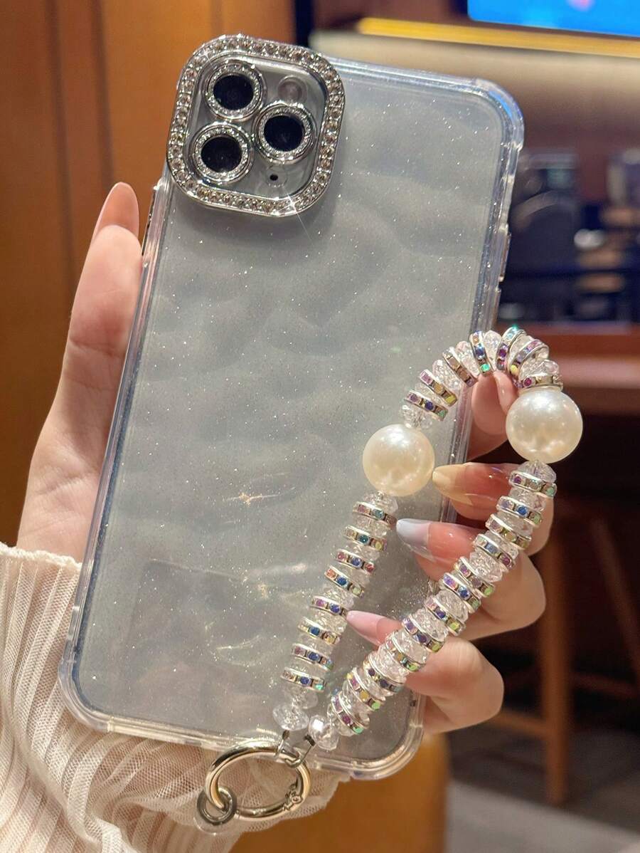 Funda de teléfono elegante y de moda con decoración de perlas y strass con efecto arrugado