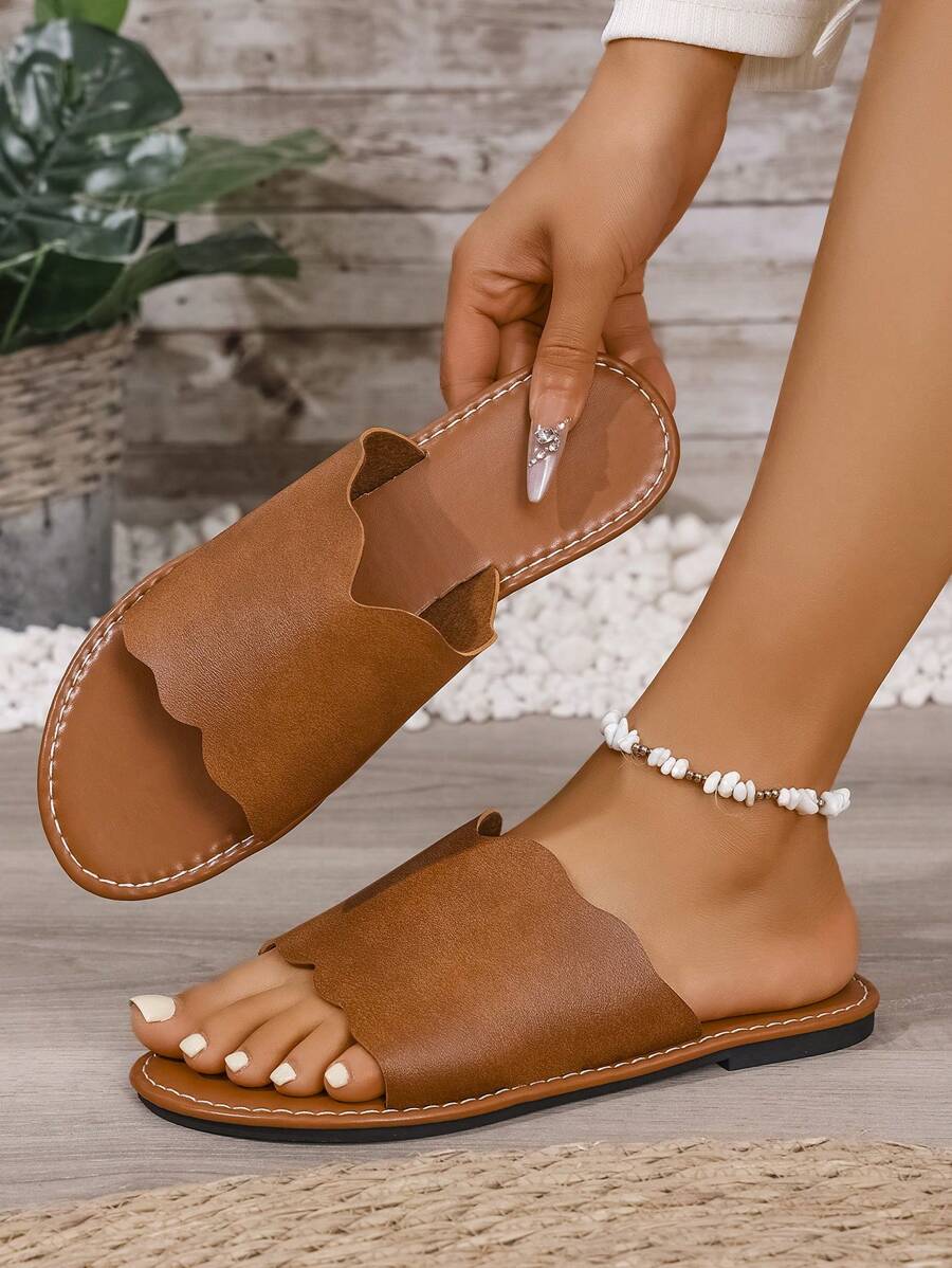 Damenflatschuhe, europäisch-amerikanischer modischer Freizeitschuh mit rundem Zeh, offener Spitze, gewelltem Riemen und Outdoor/Strand-Schlappen