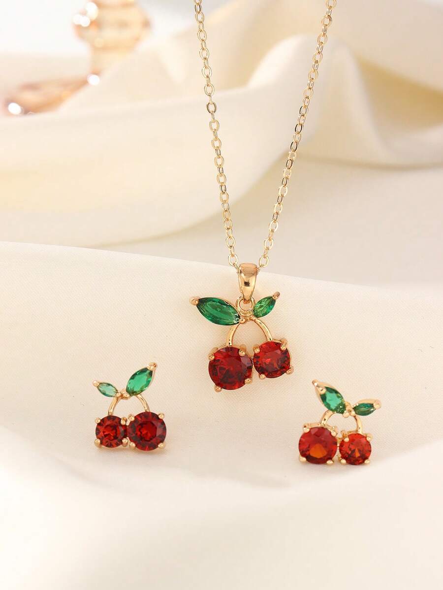 1 pieza Juego de joyas de aleación de cobre con circonita, simple y bonito con diseño de cereza, adecuado para uso diario y como regalo festivo