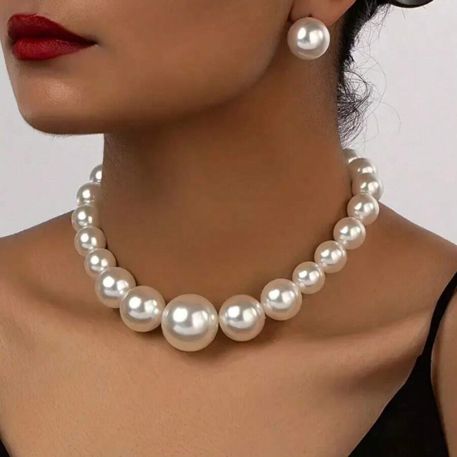 Conjunto de joyas de aretes y collar estilo vintage minimalista europeo con perlas falsas