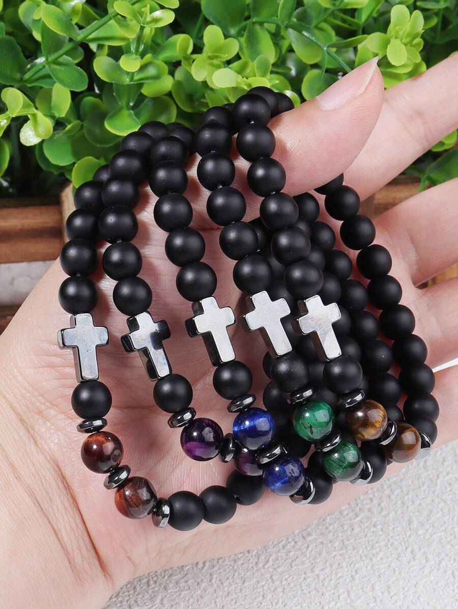 Men's Hematite Cross Bracelet: Matte Black Onyx And Tiger's Eye Powerful Protection Bracelet, Confidence, Courage Jewelry Unisex Gifts For Husband, Boyfriend, Dad