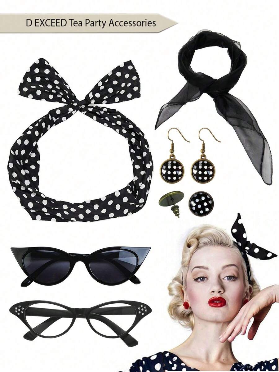 D EXCEED 6PCS Vintage 1950s Women's Accessory Collection | Retro-Inspired Prop Cat-Eye Glasses, Scarf Collar Headbands & Silk Hair Scarves With Polka Dot Stud Earrings - Perfect For Vintage-Themed Parties & Events