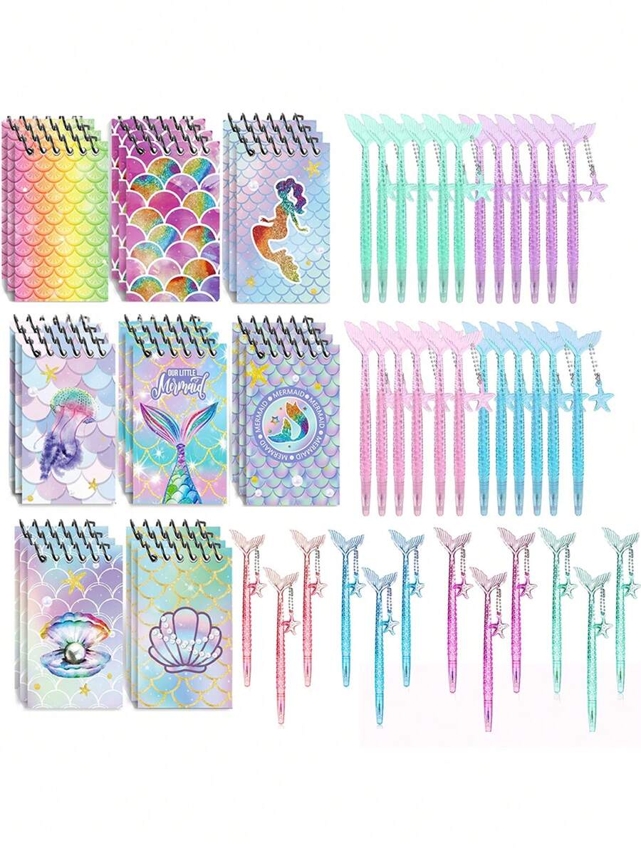 2/4/8/16 Pièces Faveurs de fête de la Sirène, Mini Cahiers Spirales de Sirène et Stylos Queue de Poisson, Cadeau de Récompense, Cadeaux d'Anniversaire (Aléatoire)