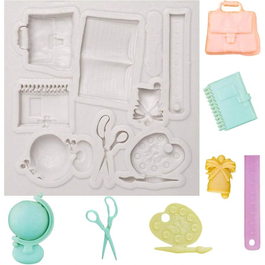 Silikonformen, Silikon-Buch-Form, Schere, Zeichen-Stift, Palette, Schultasche Fondant-Formen für Cupcake-Topping, Kuchen-Dekoration, Schokolade, Süßigkeiten, Handwerk, Gummi-Paste