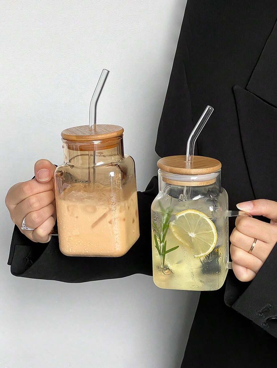1pc Square Glass Cup With Handle, Glass Cup With Bamboo Lid And Glass Straw, Transparent Beverage Cup, Iced Coffee Cup, Beverage Can, Juice Wide Mouthed Cup, Tea, Milkshake, Reusable Tableware, For Home And Office Use, Adult, Male And Female Gifts