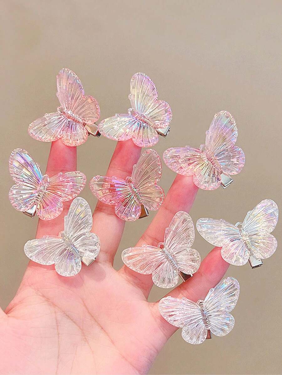 10 Stücke Haarschmuck für Damen, süße Schmetterling & Entenschnabel Clips, transparent pink, vielseitige Seitenpony Clips, bunte Schmetterling Haarclips für Mädchen, geeignet für den täglichen Gebrauch, Haarklammern, Haarspangen, flache Klemmclips