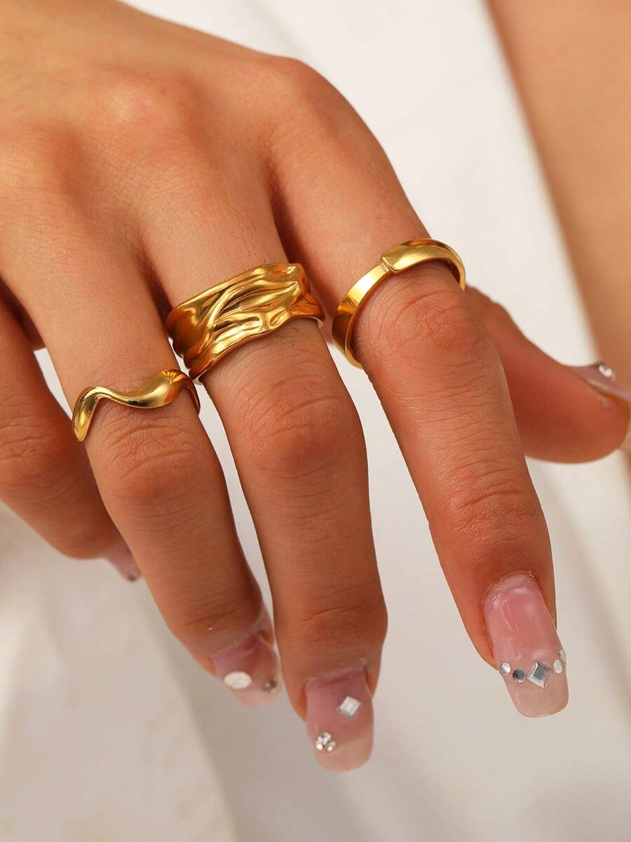 3pcs Set Stainless Steel Asymmetrical Rings For Women, Multilayer Stackable Rings Jewelry