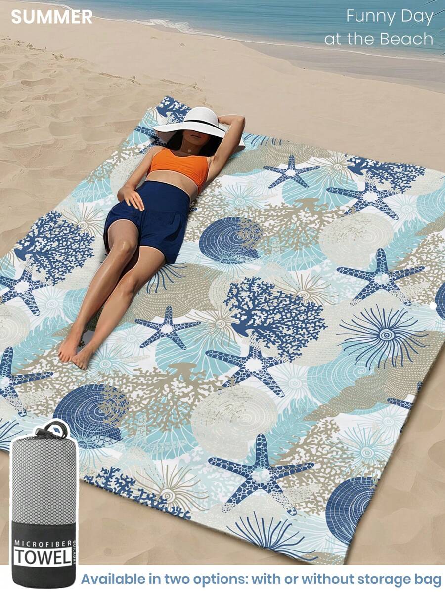 1 pieza Toalla de playa estampada, patrón de estrella de mar, toalla de baño, toalla de playa de estilo de moda, toalla de baño súper absorbente de microfibra suave y cómoda, liviana y portátil, protección contra el viento y el sol, a prueba de arena para viajes de verano, vacaciones, decoración de baño. Se recomiendan tamaños regulares y talla grande grandes (35*75cm toalla de tamaño pequeño, se recomiendan 150cm o talla grande)
