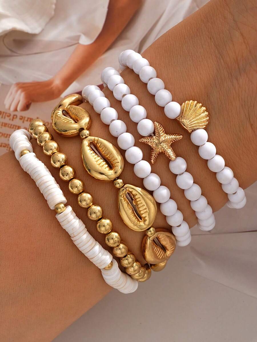 6pcs/Set Ocean Theme Metal Shell & Starfish Beaded Bracelet Set, Suitable For Women Beach Holiday Everyday Matching Jewelry, Birthday/Friendship Gift