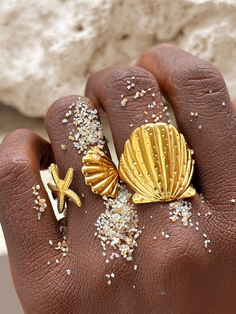 2 piezas Anillos de acero inoxidable con diseño de estrella de mar y concha para mujeres, elegante joyería estilo bohemio para viajes y playa