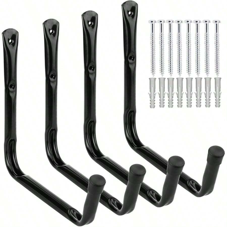 Heavy Duty Giant Garage Storage Hook Wall Mounted Utility Hanging Rack For Surfboard, Ladder, Kayak (4 Pcs Black 10" J Hook)