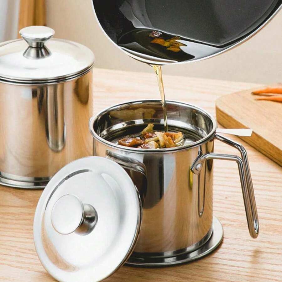 1pc Stainless Steel Oil Filter Pot Household Oil Strainer Pot With Filter Net Oil Container