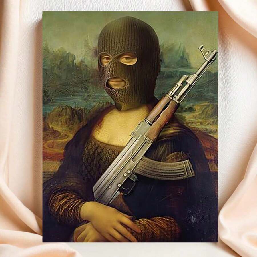 Gerahmtes "Mona Lisa mit Pistole" Leinwand Poster 30,48x40,64 cm - Rahmenloses Wandbild, spielerische Mischung aus Renaissance-Stil und modernem Waffen-Motiv, perfekt für Heim, Büro, Café Dekoration | Ideal für Schlafzimmer, Wohnzimmer, Küche, Wohnbereich Kunst | Spielerische Kunst | Leinwand Poster, Wanddekoration