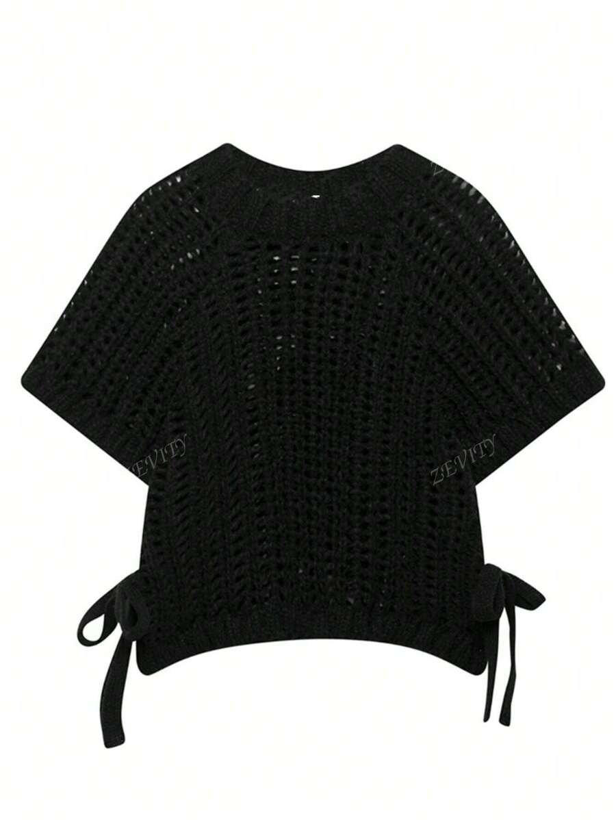 ZEVITY Side Lace-Up Decor Hollow Out Casual Knitted Top