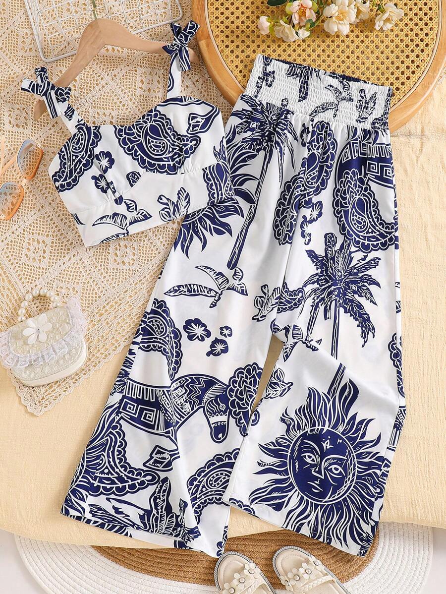 2 peças/Conjunto Casual de Meninas Pré-adolescentes com Laço e Conjunto de Calça Reta de Cintura Alta, Adequado para Férias na Praia, Verão