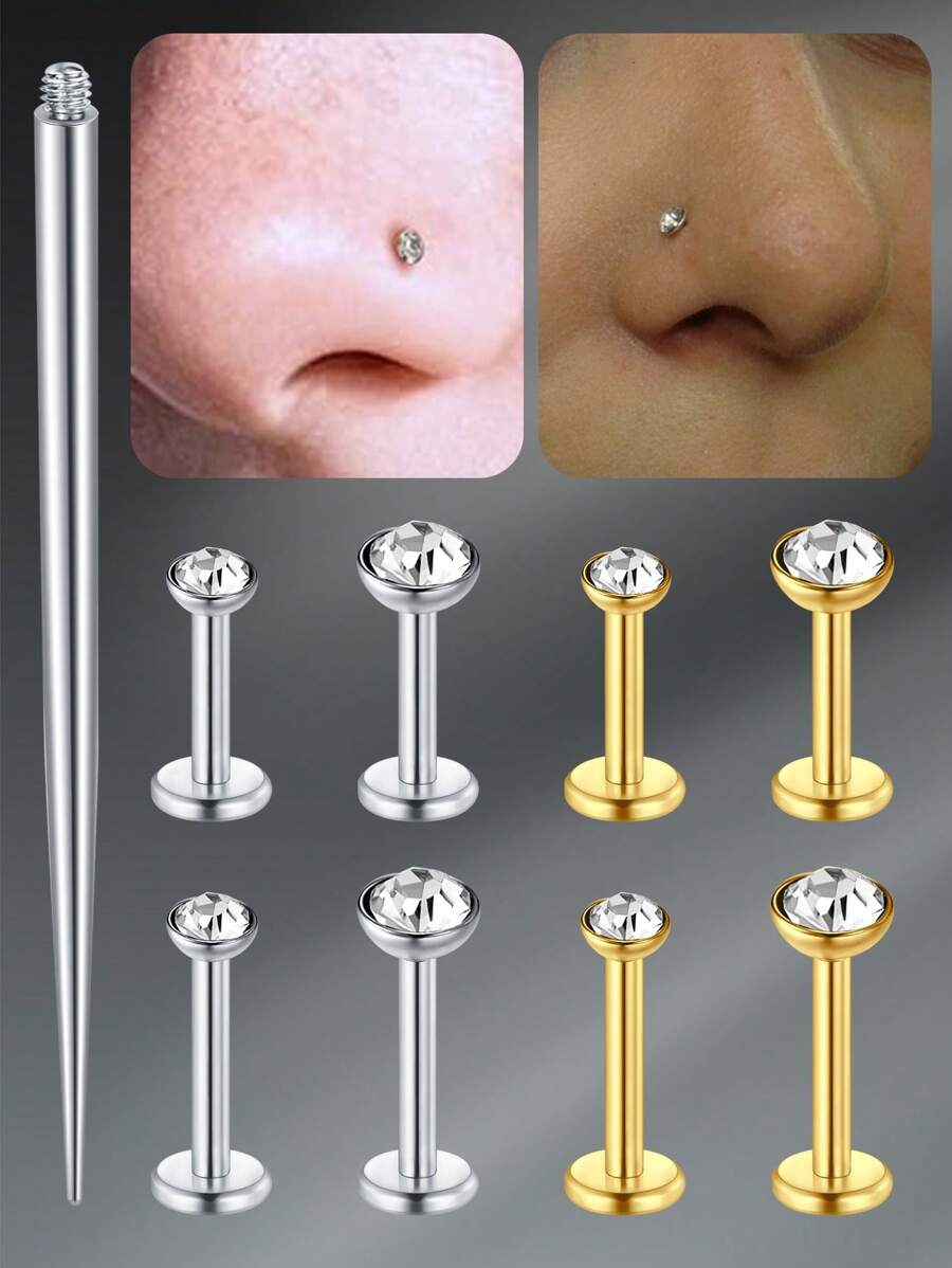 CIZME 16G Lip Rings Studs Flat Back Studs Labret Studs Stainless Steel Internal Threaded CZ 6/8mm Lip Studs Lip Piercing Jewelry Earrings Studs Cartilage Helix Piercing Silver Gold Steel Labret Piercing Jewelry For Women Men