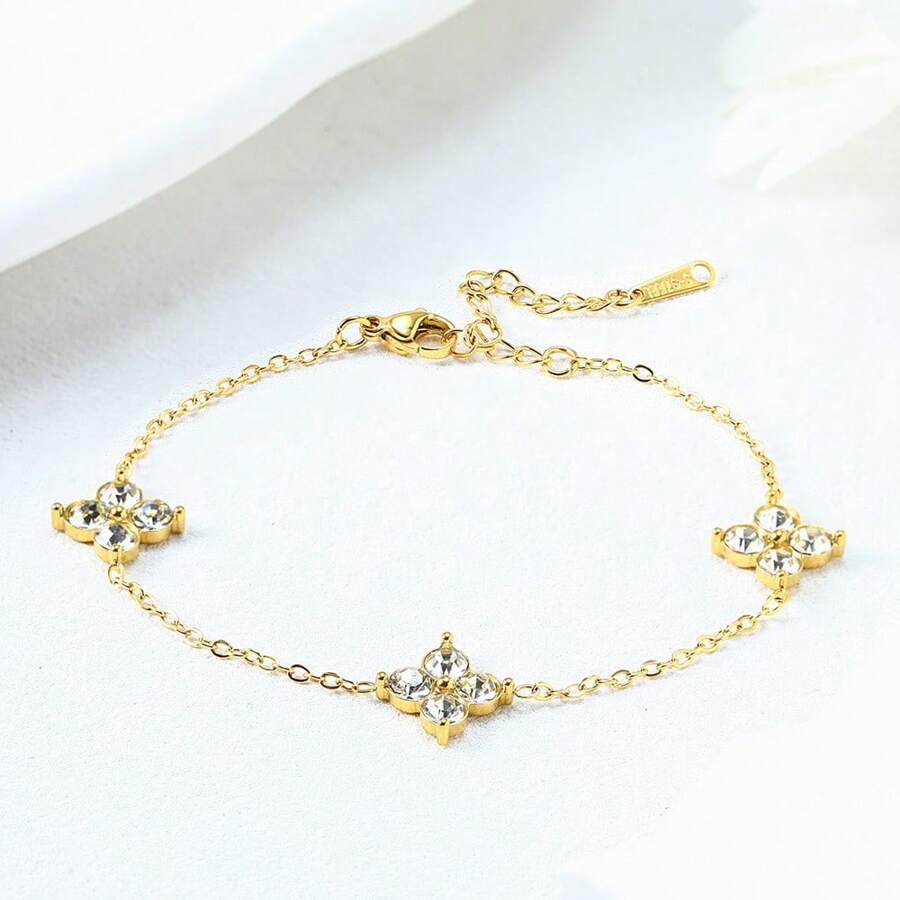 1 pièce Bracelet en acier inoxydable serti de strass à quatre feuilles de trèfle, convient pour le port quotidien des femmes
