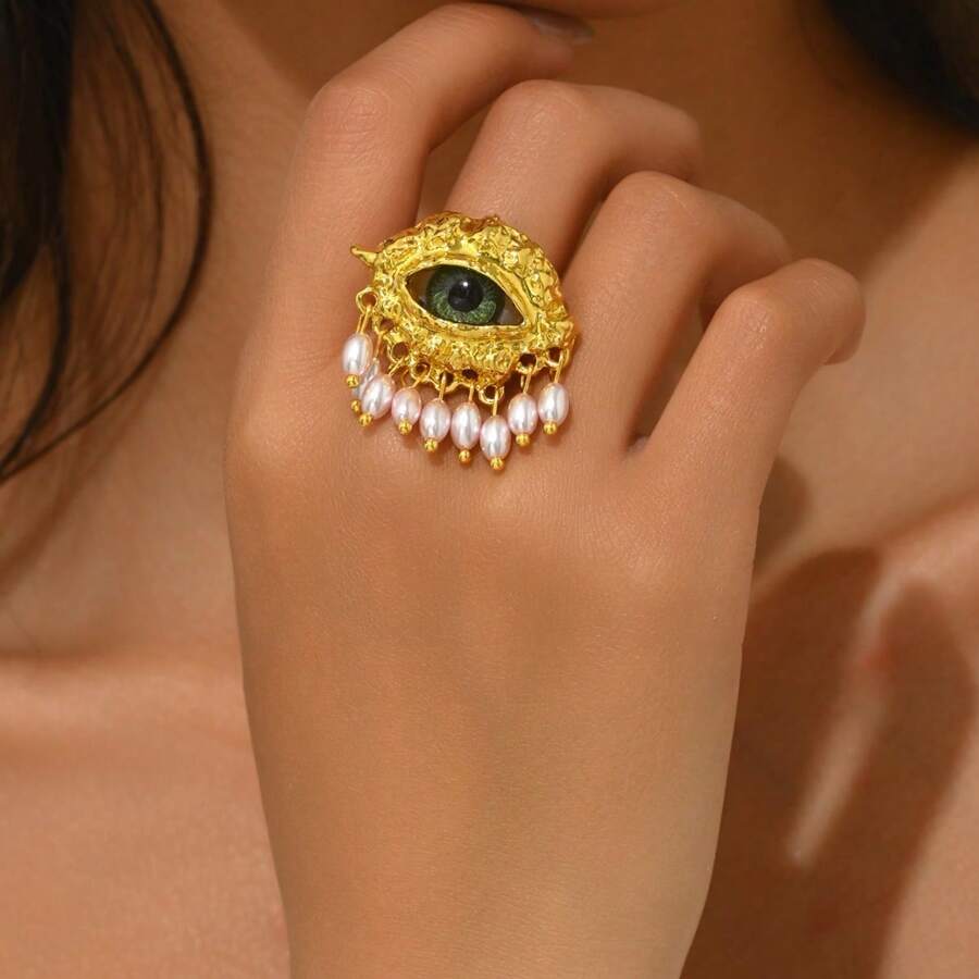 1pc Luxurious Fashion Evil Eye Pearl Tassel Ring, Exaggerated Personalized Alloy Ring With Pearl Tassel Design - Suitable For Daily Wear, Festivals, Parties, And Banquets