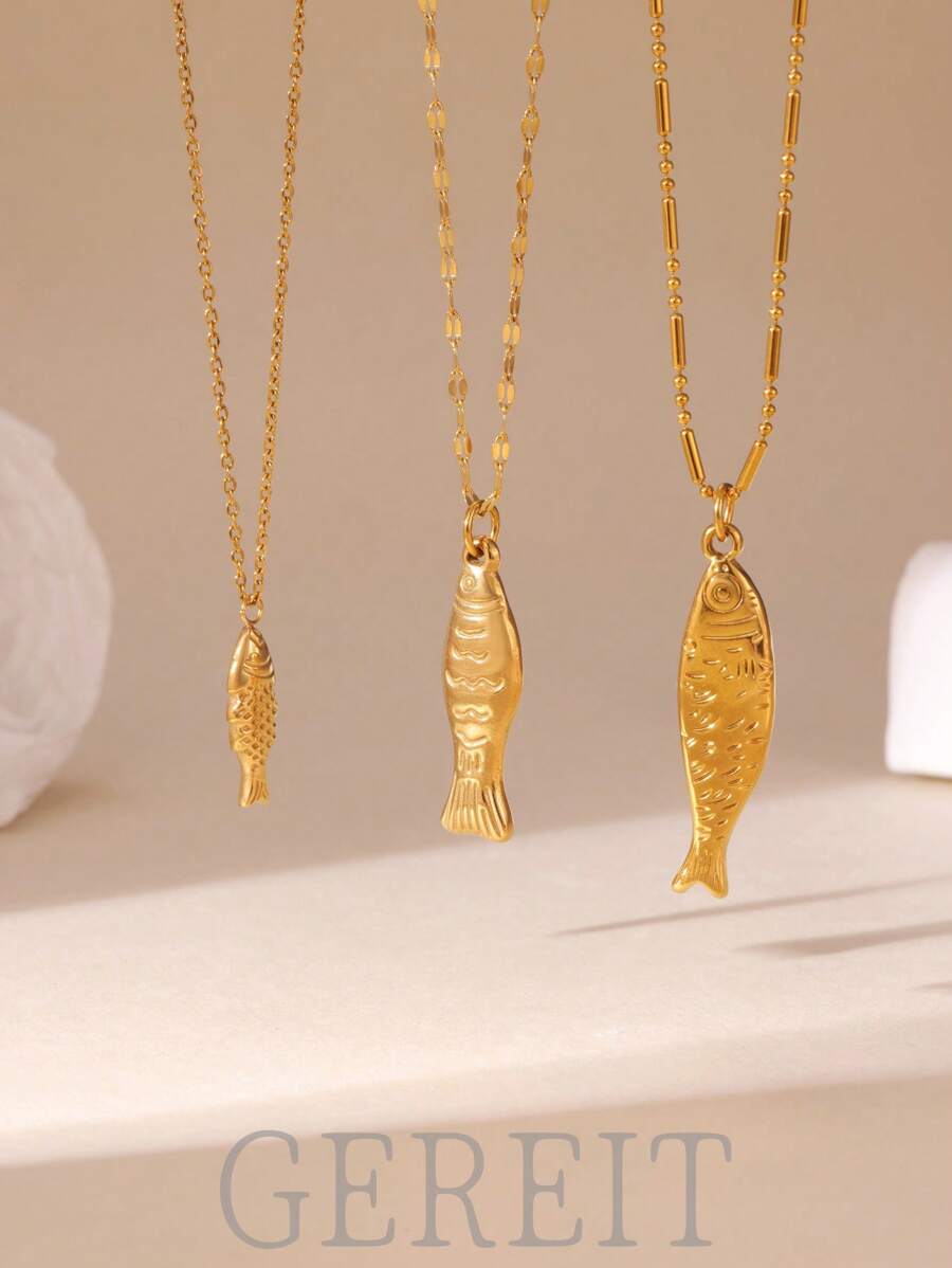 GEREIT 1pc 18K Stainless Steel Ocean Series Small Fish Pendant Necklace, Suitable For Women Everyday And Beach Wear