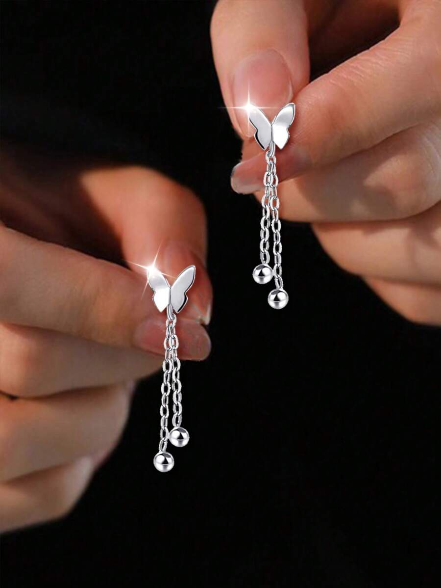 1 Pair S925 Sterling Silver Minimalist Sweet Butterfly Tassel Stud Earrings, Unique Design Gift, Versatile For Everyday Wear